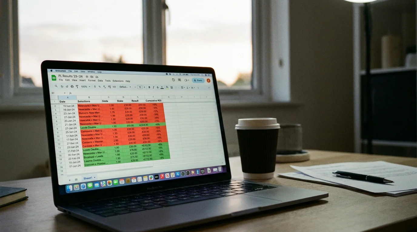 Spreadsheet tracking accumulator bet results and return on investment over a football season