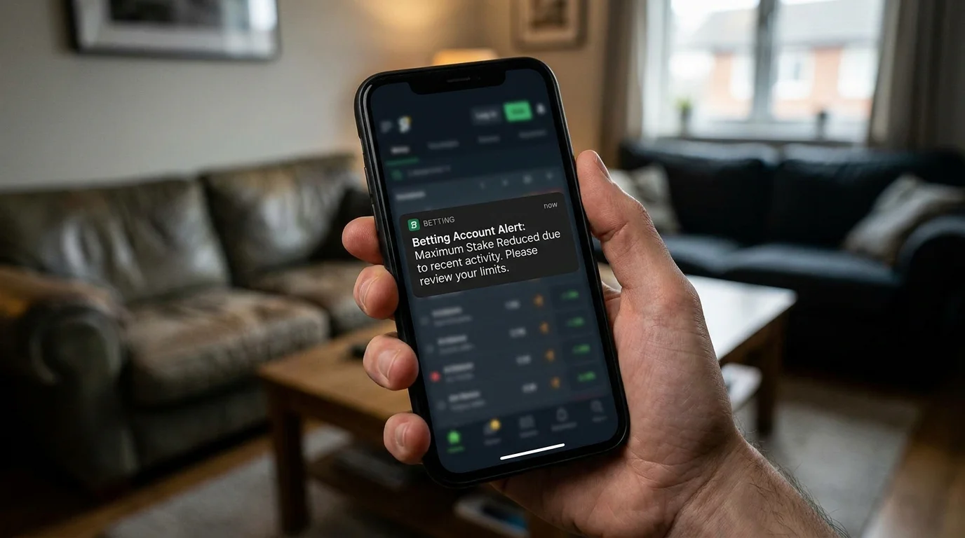 Mobile phone showing a bookmaker notification about reduced maximum stakes on an account