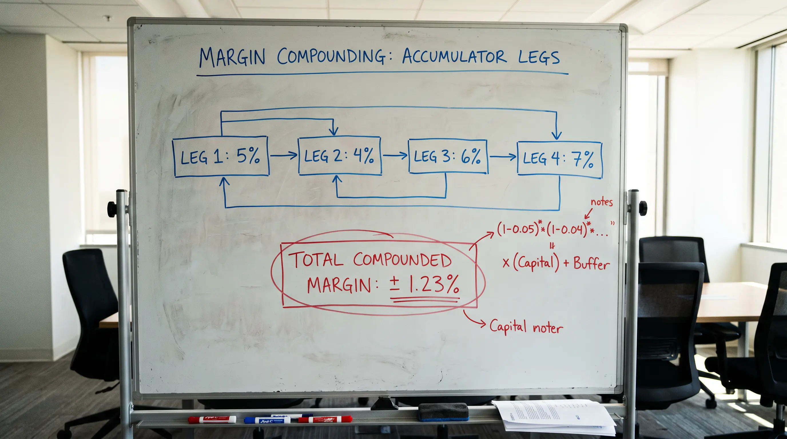 Diagram showing how bookmaker margin compounds across each leg of a football accumulator bet