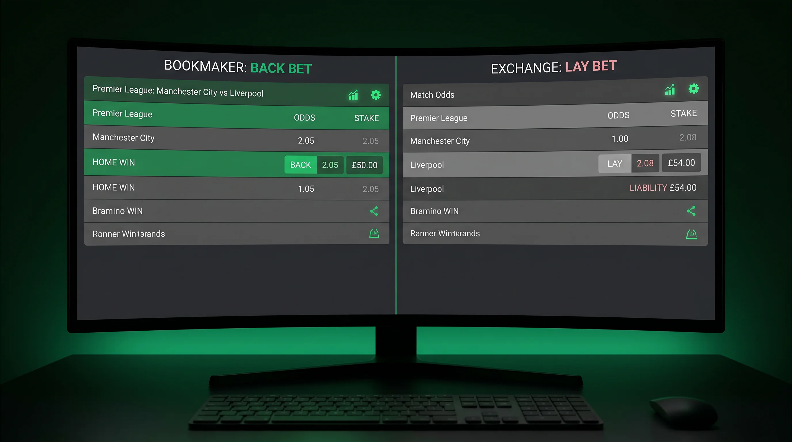 Split screen showing a bookmaker back bet and exchange lay bet on the same football match