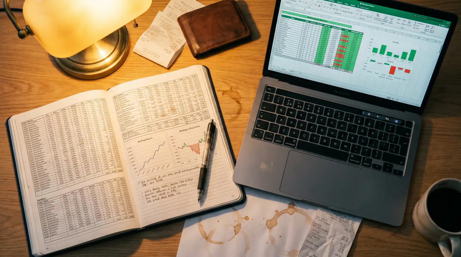 Monthly bankroll review notes beside a laptop showing betting records