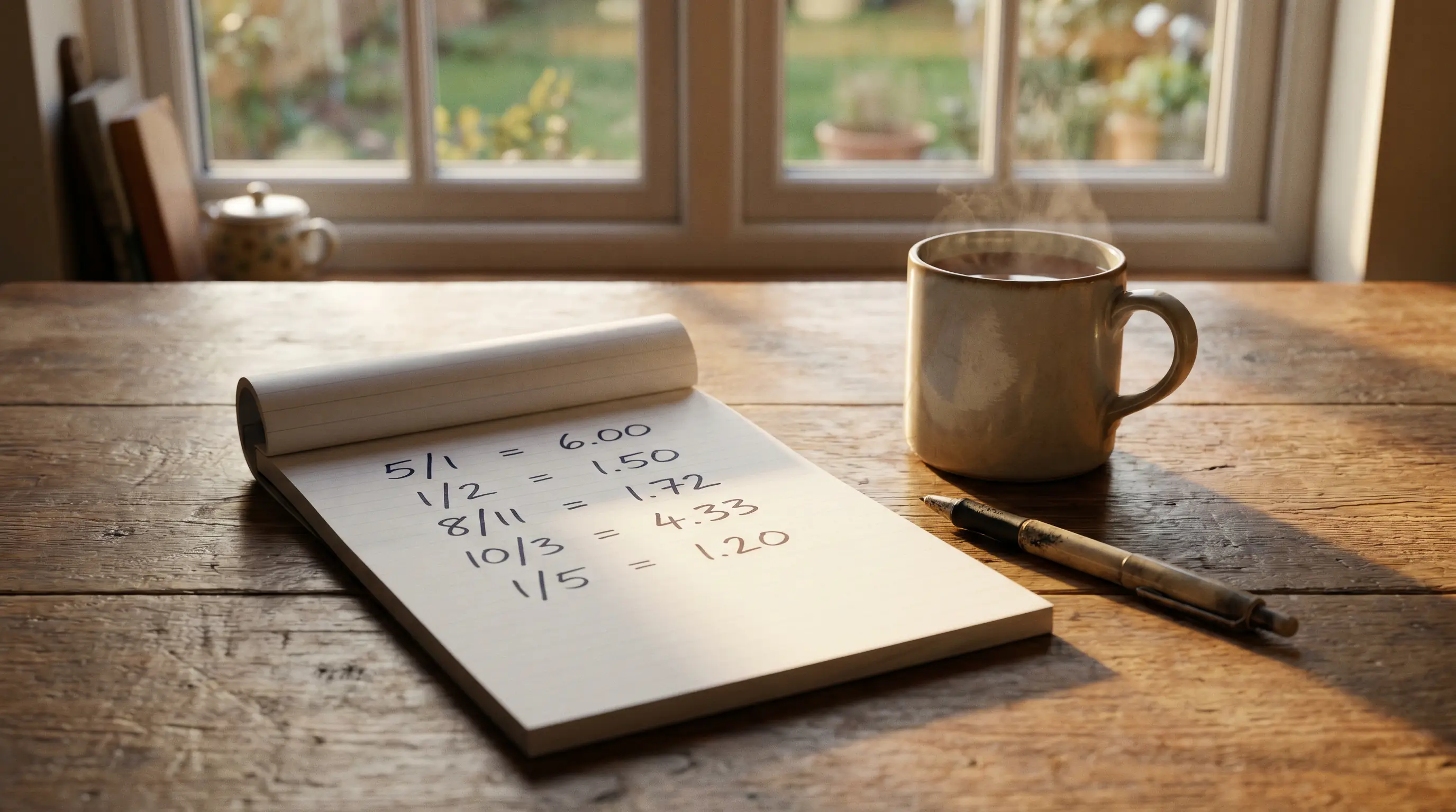 Notepad with fractional and decimal odds written side by side next to a cup of tea