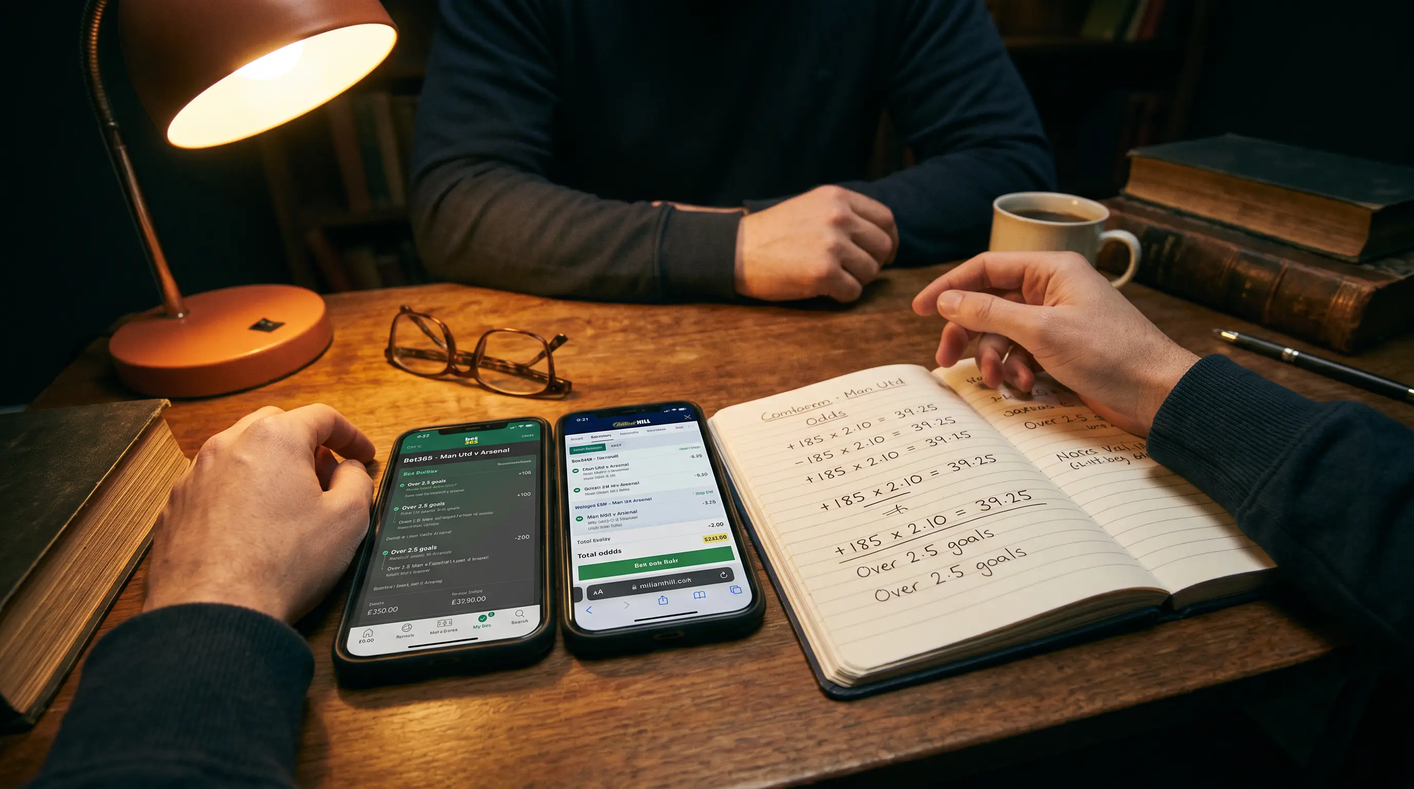 Person comparing combined bet builder odds across multiple bookmaker apps on a desk