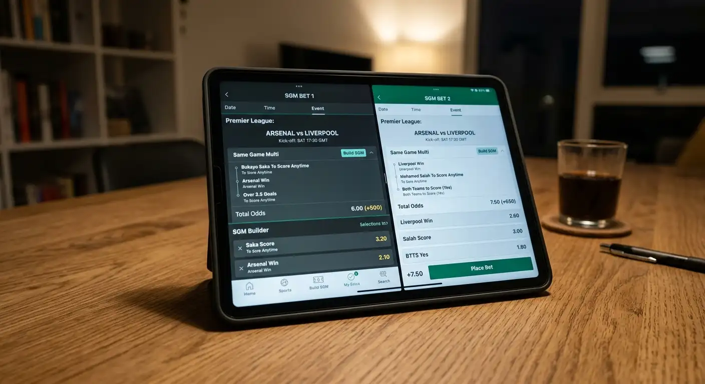 Multiple bookmaker apps open on a tablet showing varying same-game multi prices