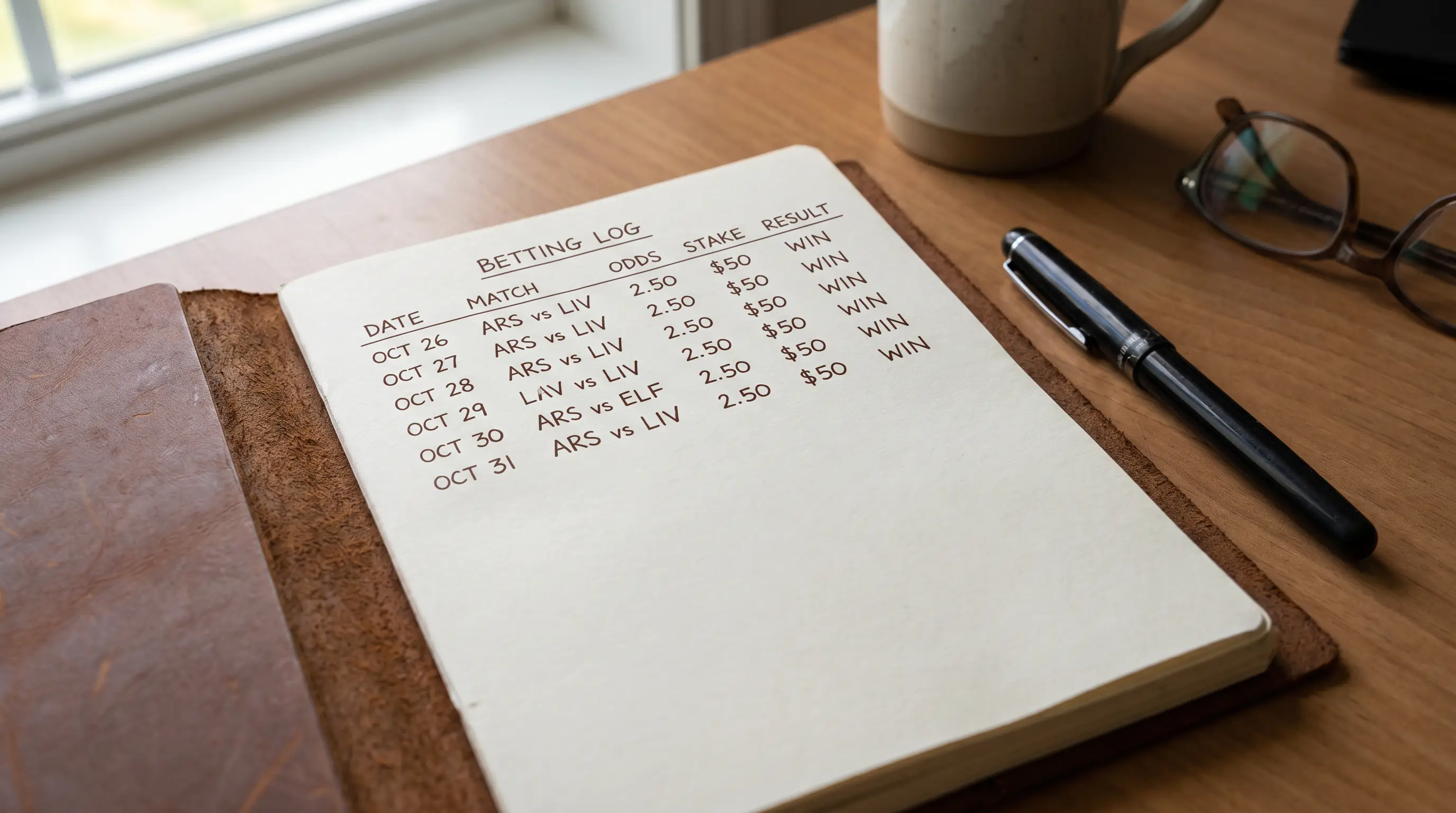 Handwritten betting log in a notebook with columns for date, match, odds, and result