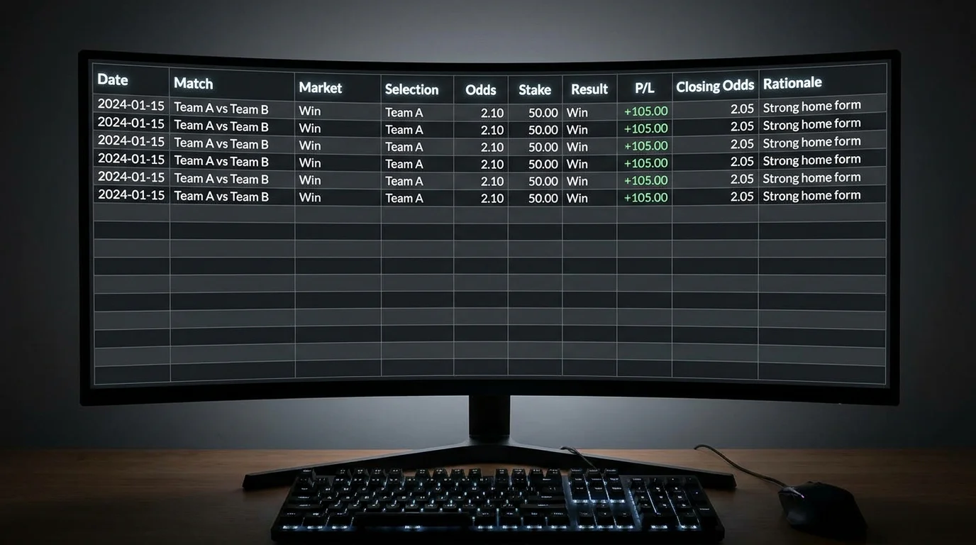 Detailed betting record spreadsheet with essential tracking columns