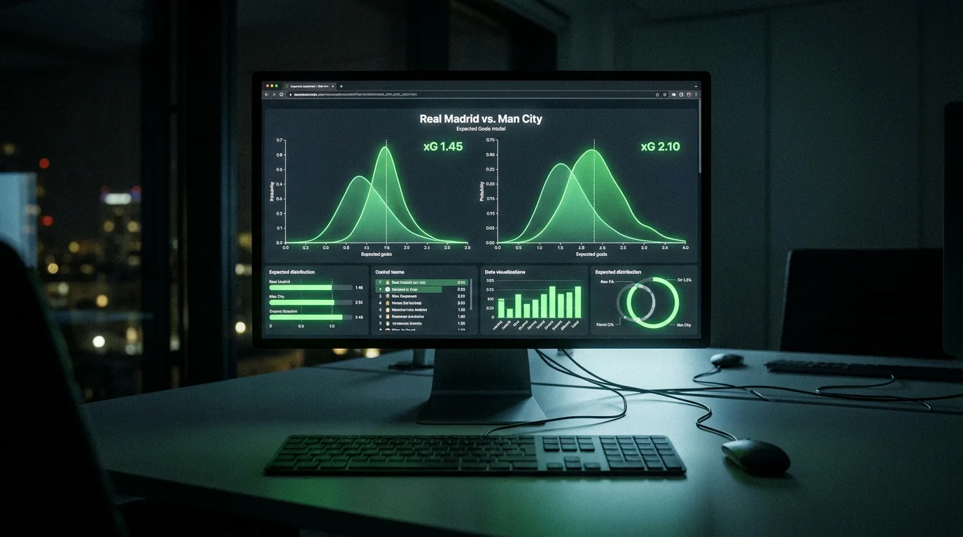 Data analyst screen showing expected goals model output for a football fixture