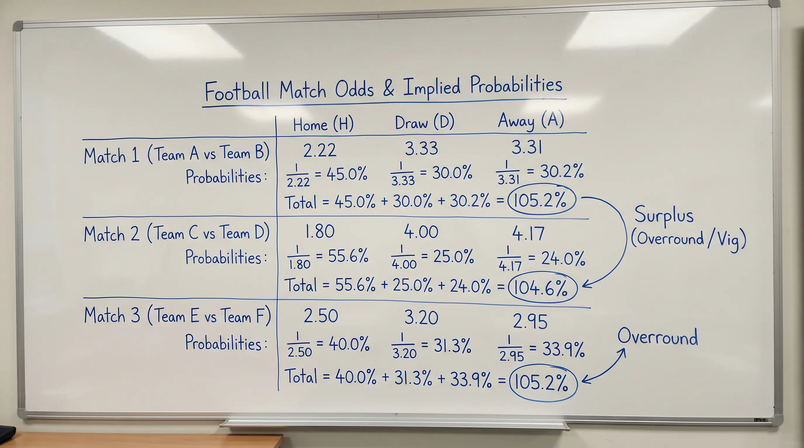 Three-way football match odds adding up to more than 100 percent illustrating bookmaker overround
