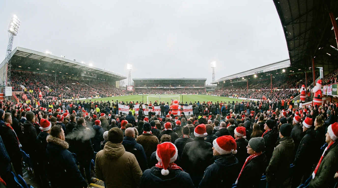 Boxing Day football crowd in winter coats cheering at a packed Premier League venue