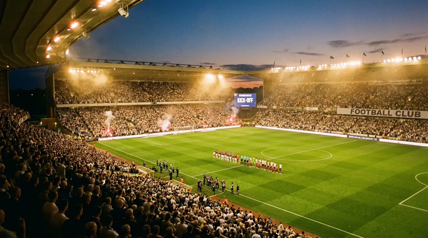 Packed football stadium with both teams lined up before kick-off under bright floodlights