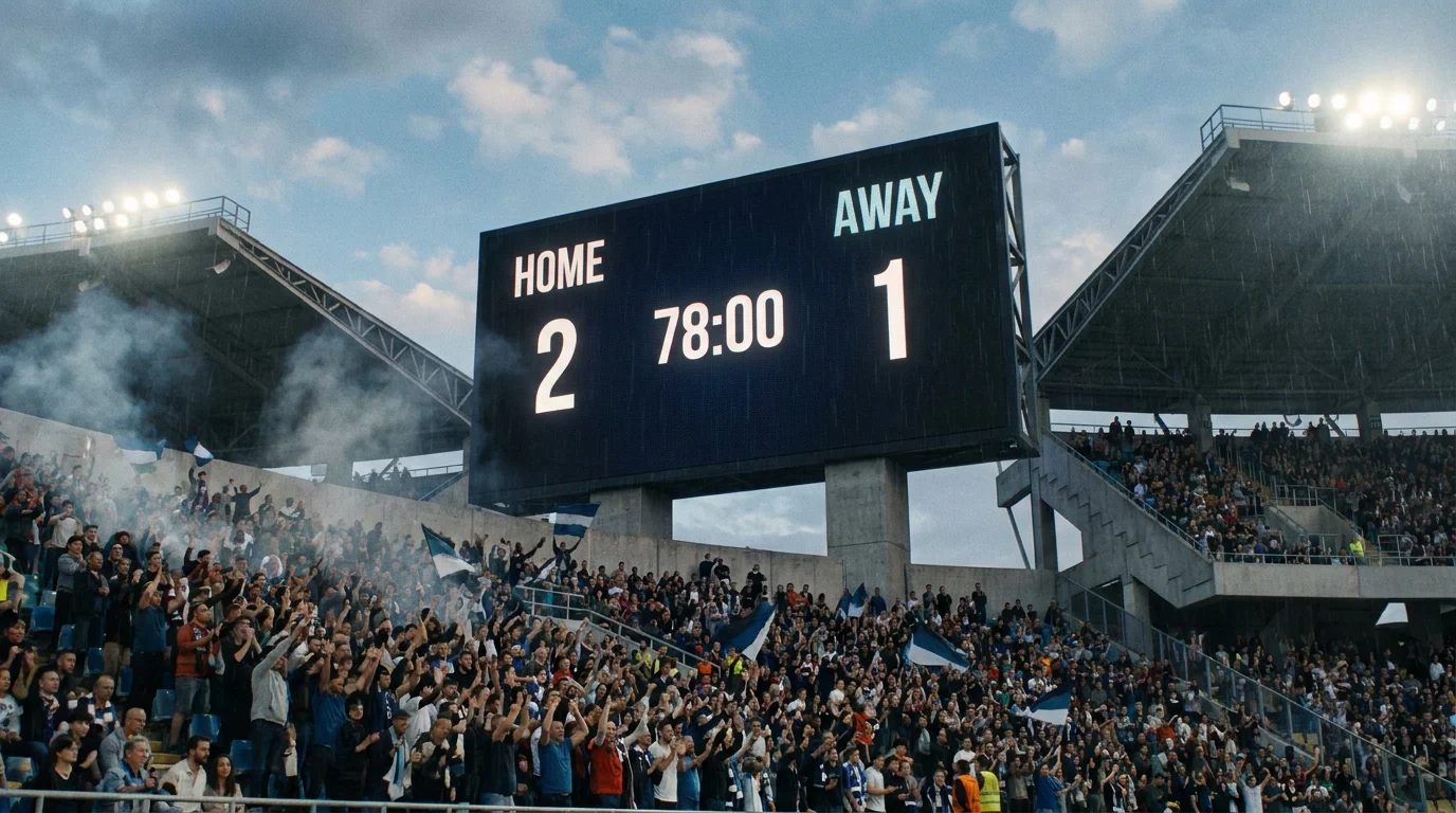 Football scoreboard showing a 2-1 scoreline late in a match with both teams having scored