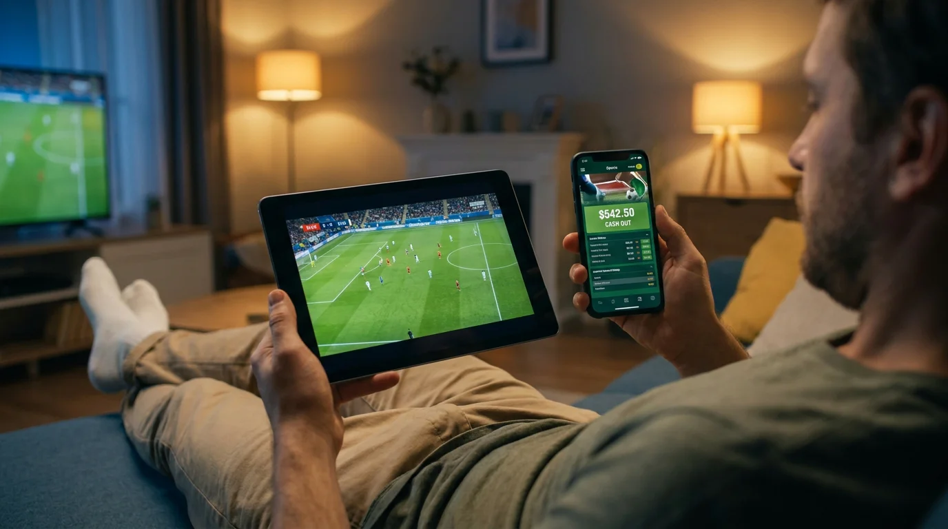 Bettor watching a live football stream on a tablet while monitoring a cash-out offer on a phone