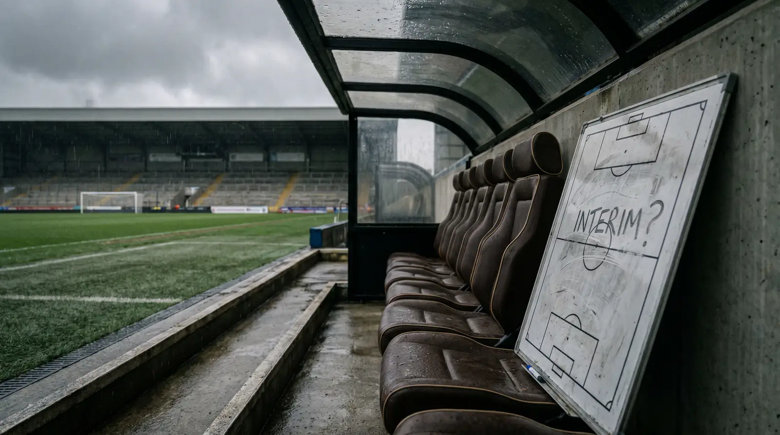 Empty football dugout with a new manager's name on the teamsheet board