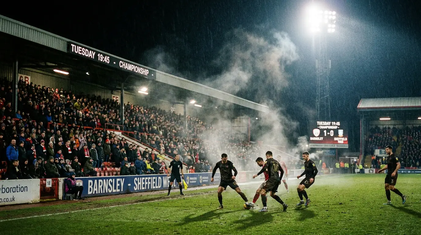 Atmospheric Tuesday night Championship match under bright floodlights with steam rising from players