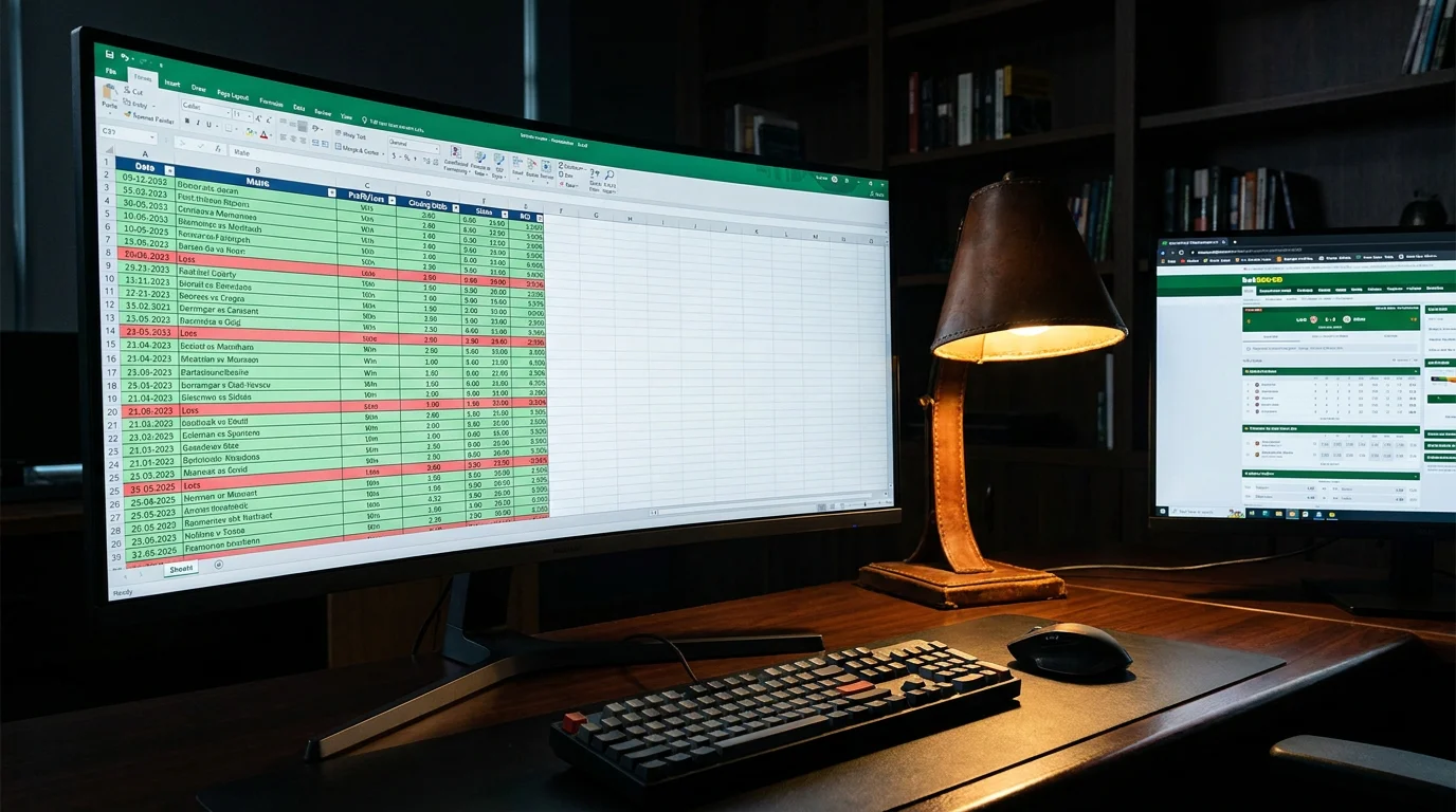 Detailed betting record spreadsheet on a monitor showing ROI and closing line value columns