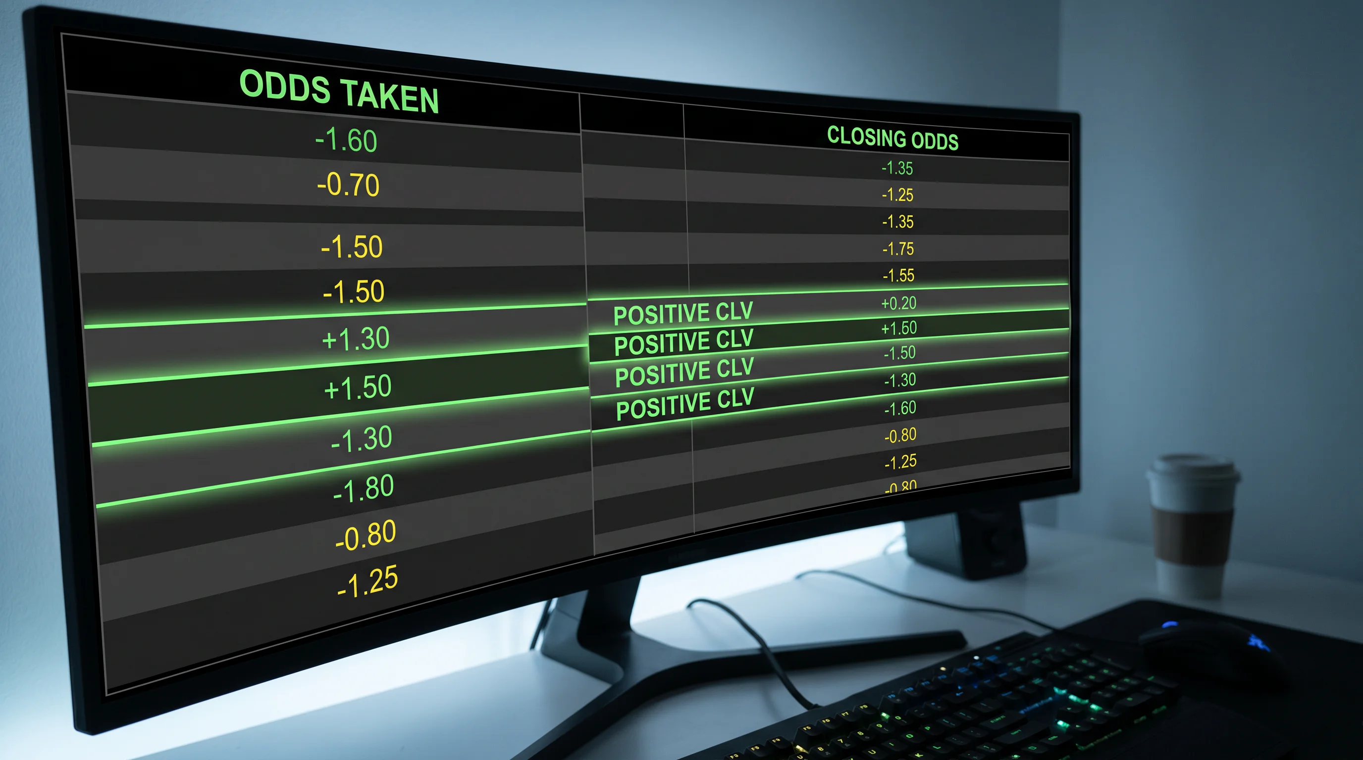 Closing line value comparison showing odds taken versus closing odds