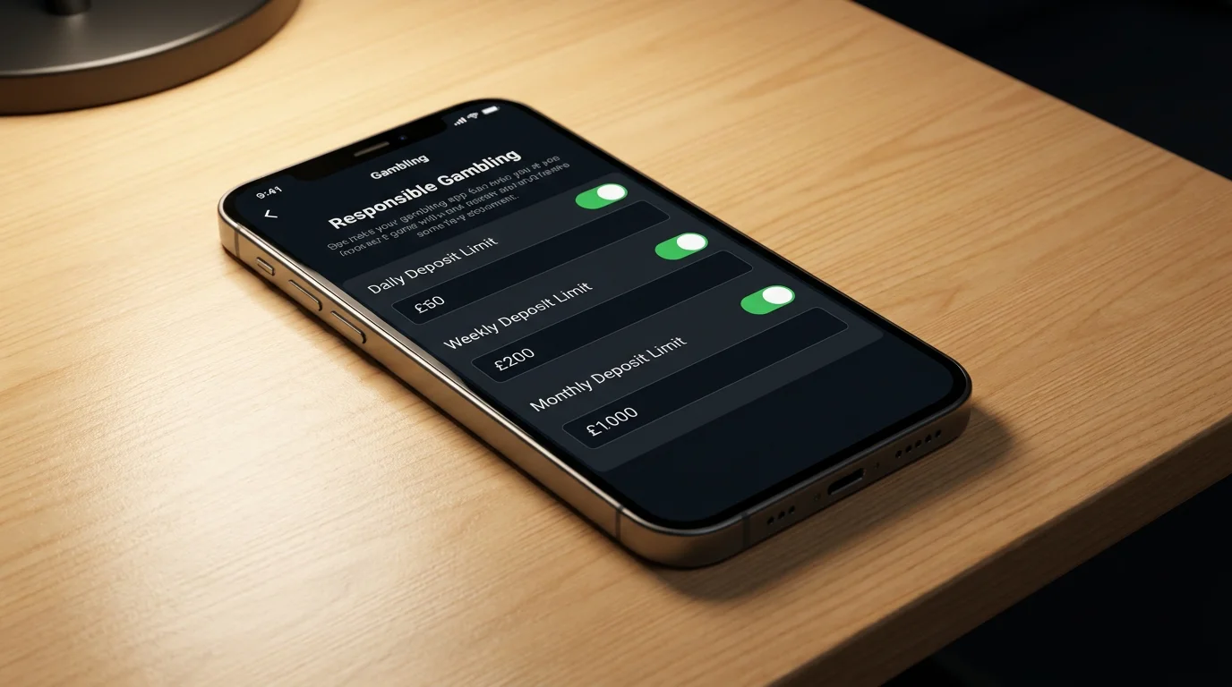 Responsible gambling settings page on a mobile betting app showing deposit limit options