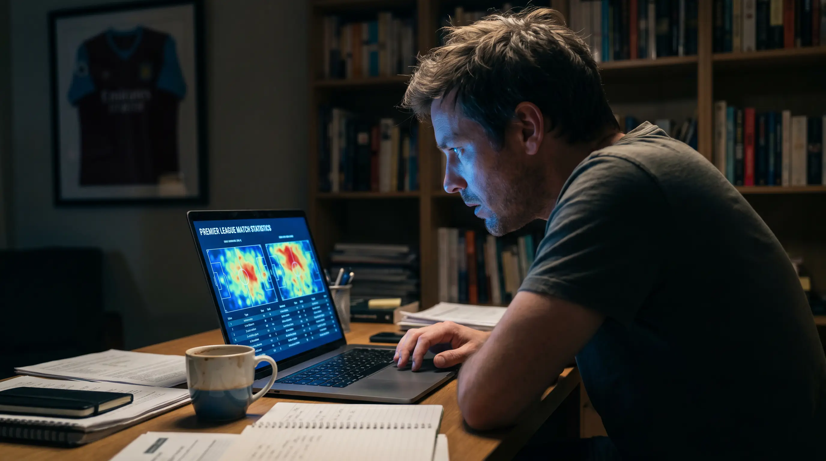 Football analyst reviewing match statistics on a laptop screen