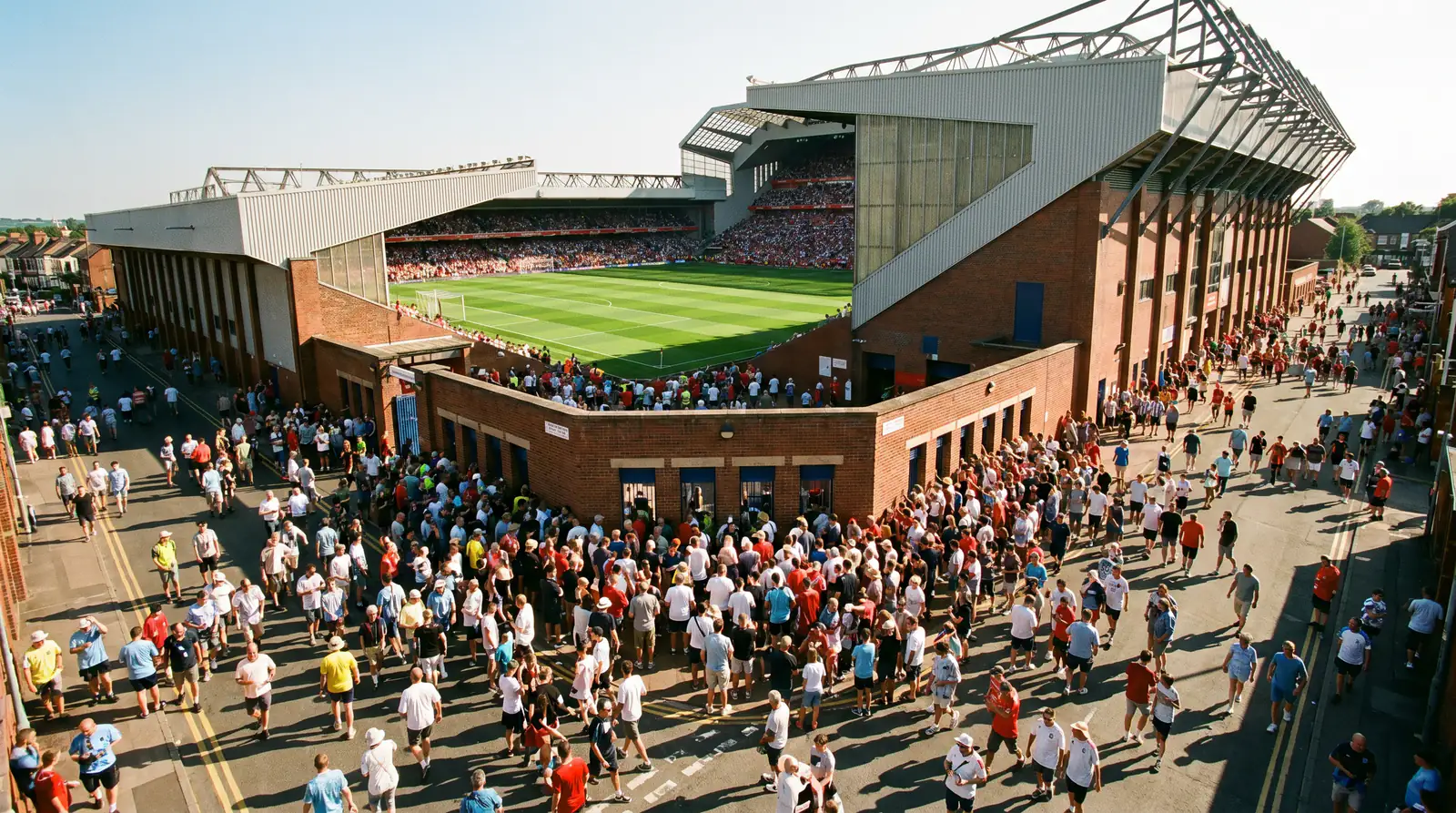 Premier League opening weekend atmosphere with fans in summer sunshine at a top-flight ground