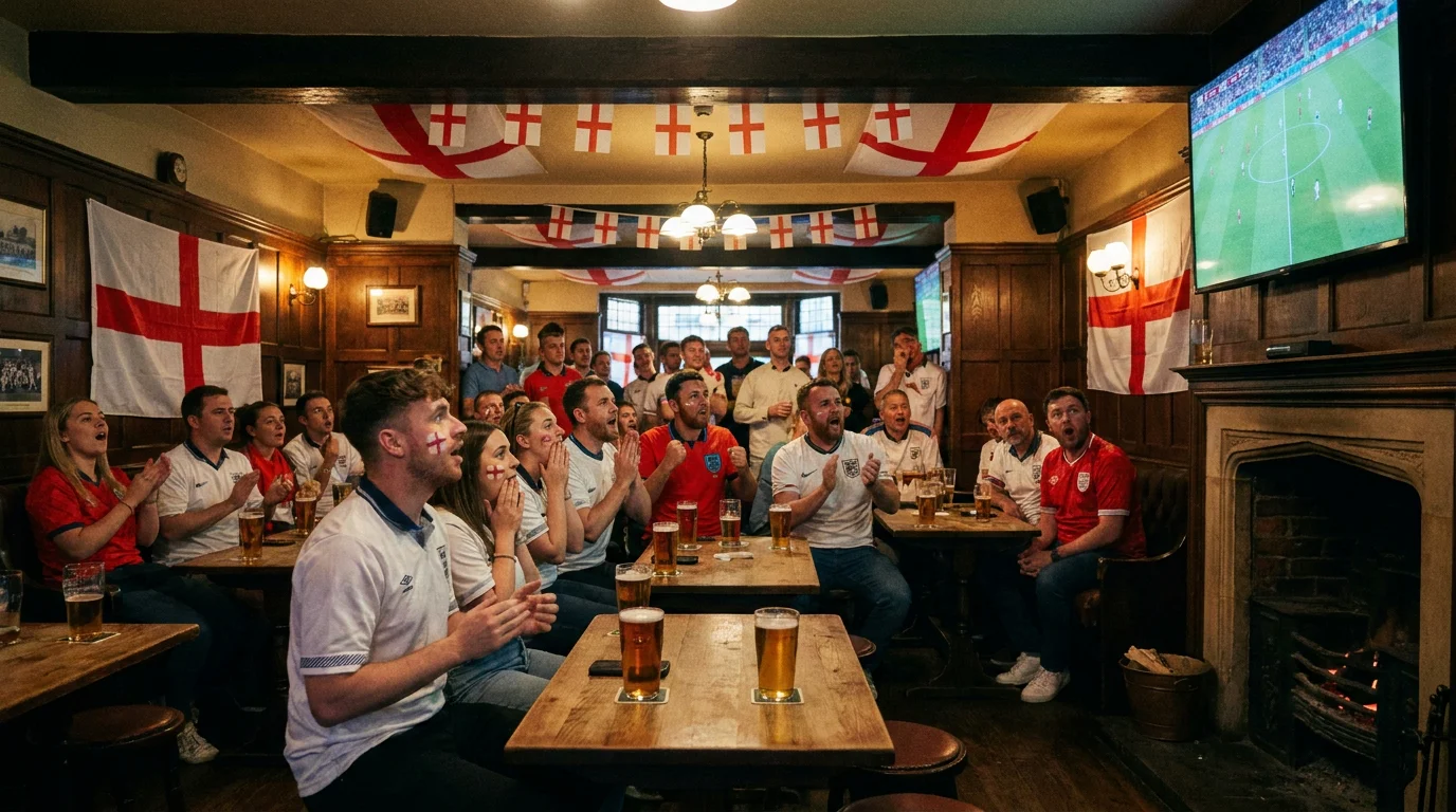 English football fans watching a World Cup match together in a pub with flags displayed