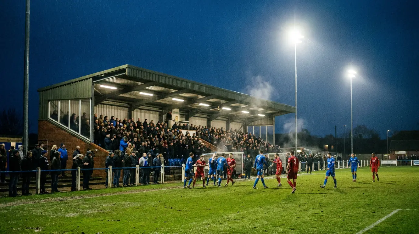 View of an EFL Championship stadium on a midweek evening with floodlights on
