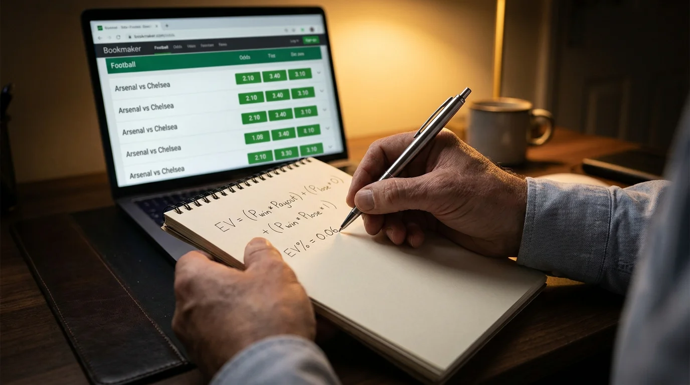 Handwritten EV calculation on paper beside a laptop showing football odds