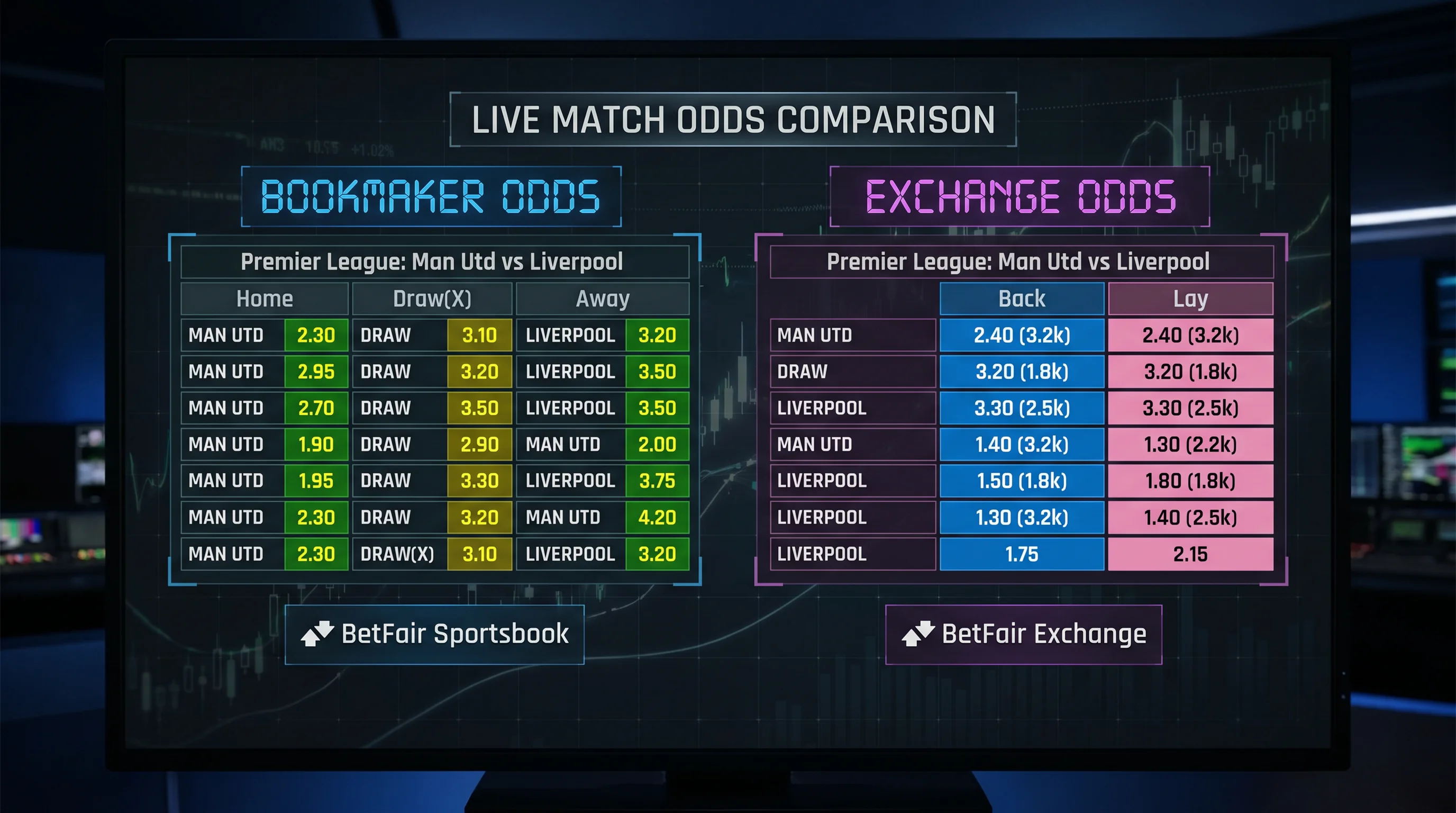 Side-by-side odds comparison between bookmaker and exchange for football