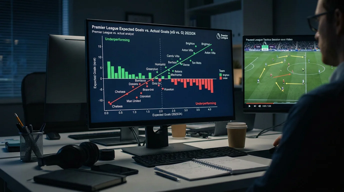Desktop monitor showing expected goals versus actual goals divergence chart for Premier League teams