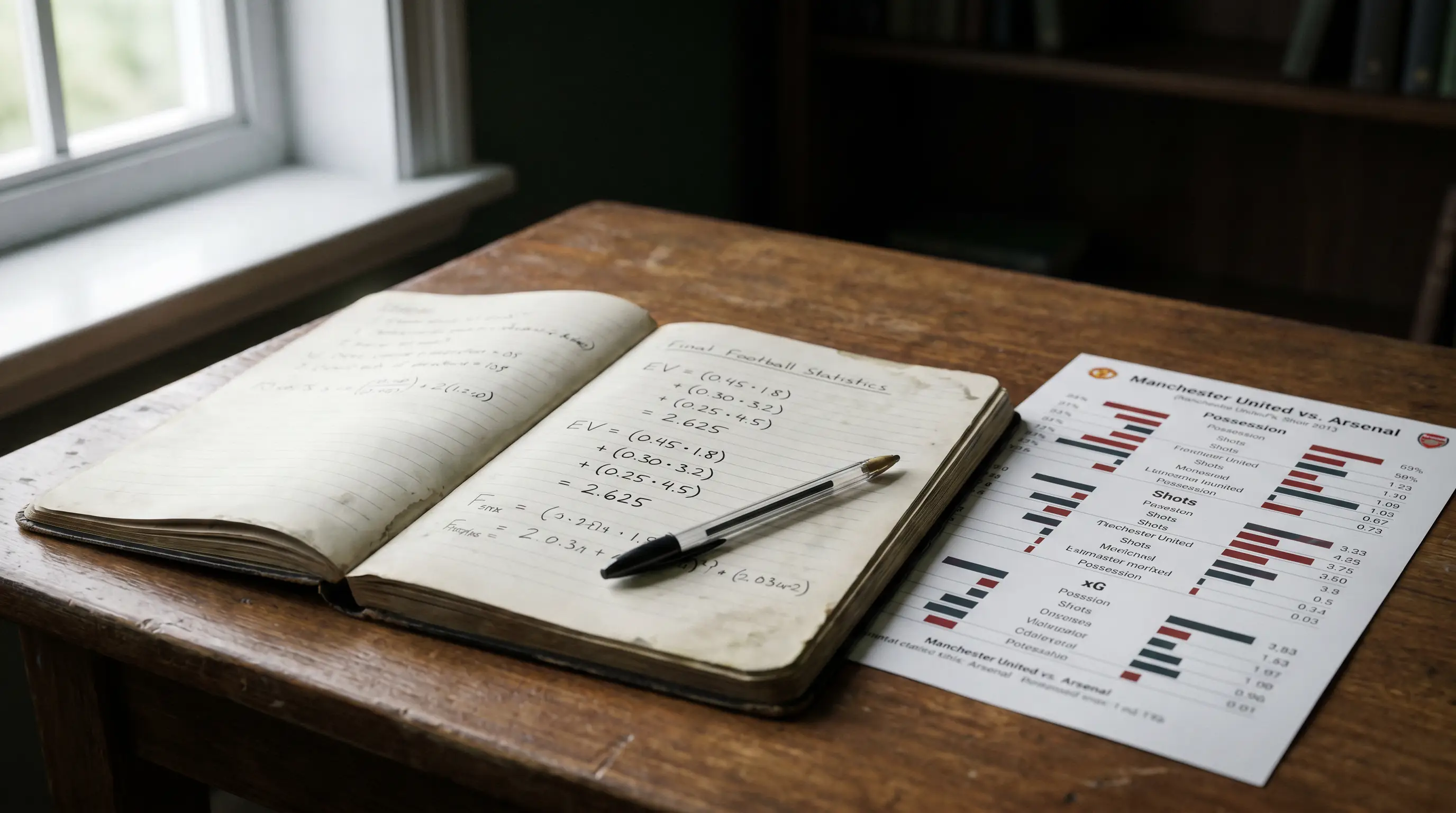 Notebook with expected value formula written next to football match statistics printout