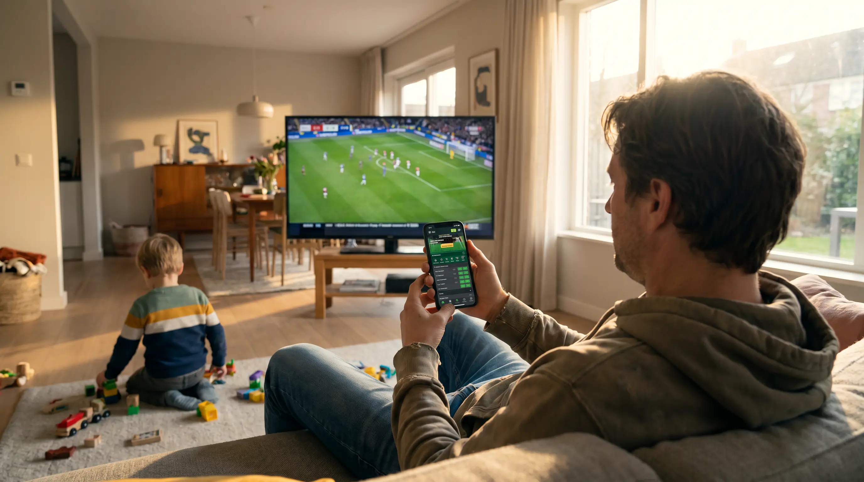 Parent watching football on a phone with a betting app visible to a child nearby