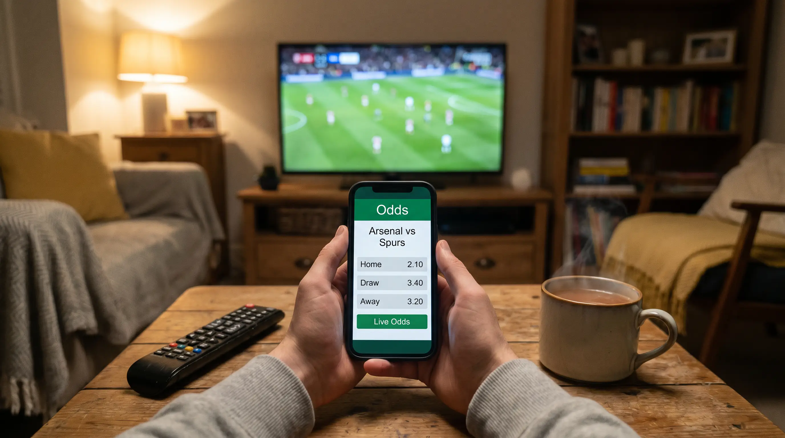 Young adult placing a first football bet on a smartphone with a match playing on TV behind