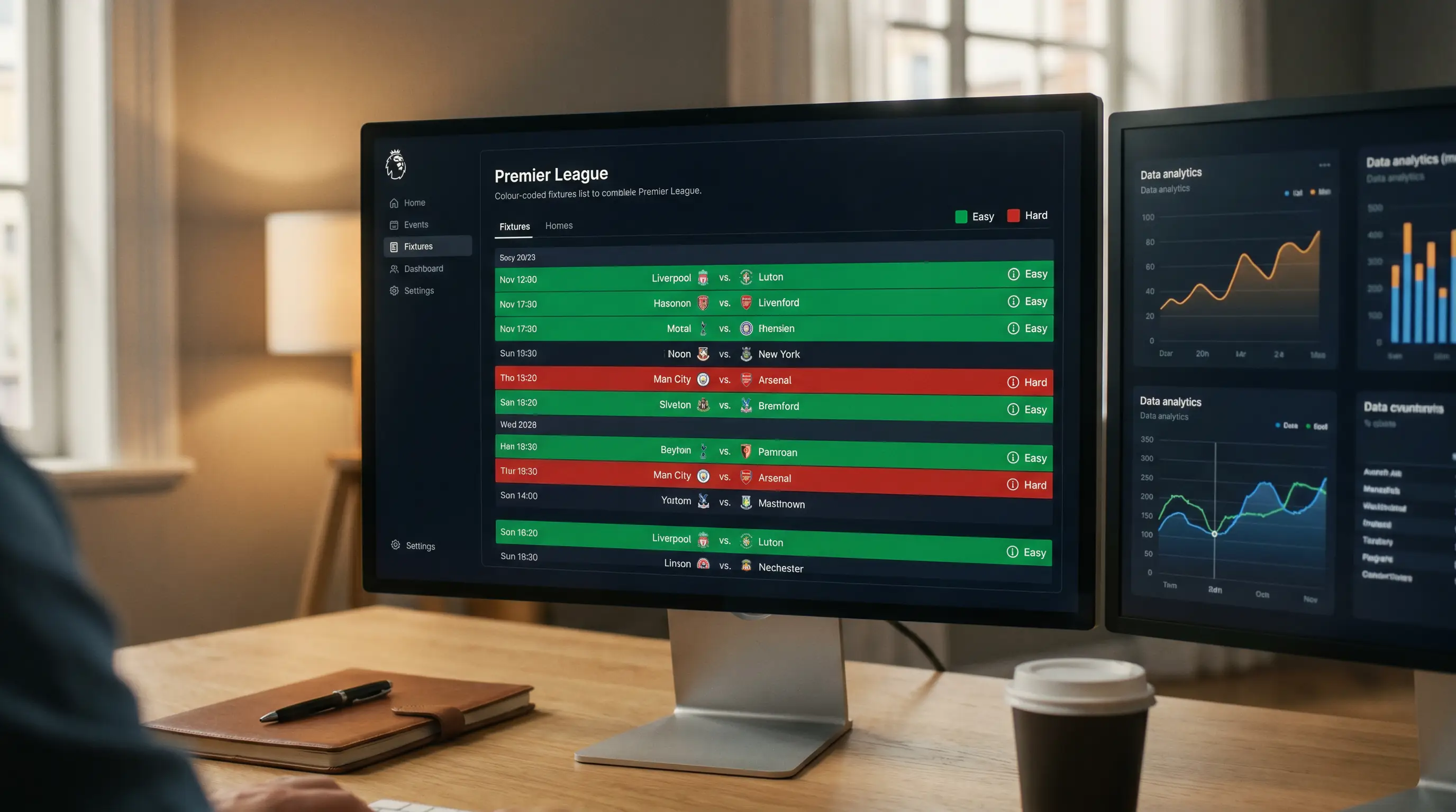 Football fixture list on screen with colour-coded difficulty ratings for upcoming Premier League matches