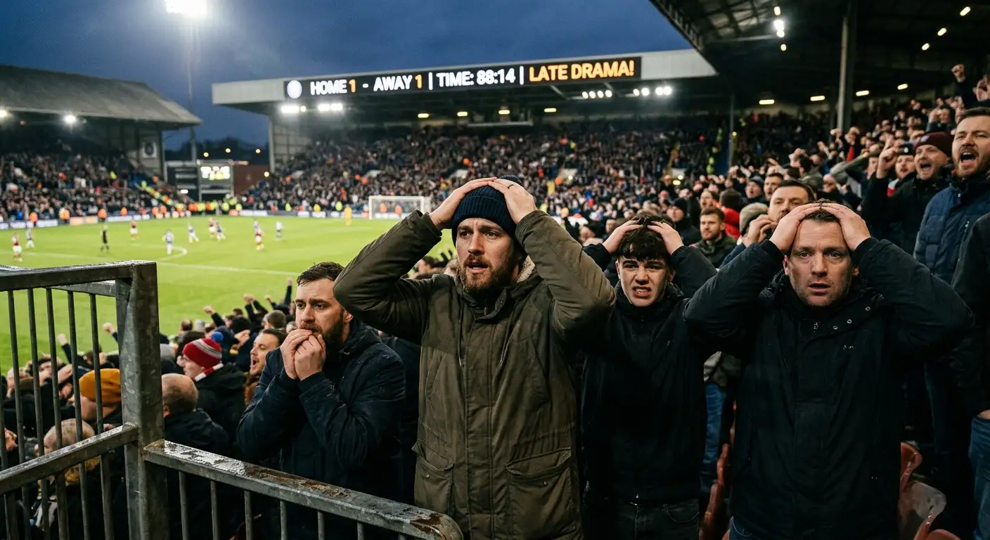 Tense football match atmosphere with fans on edge during a crucial relegation fixture