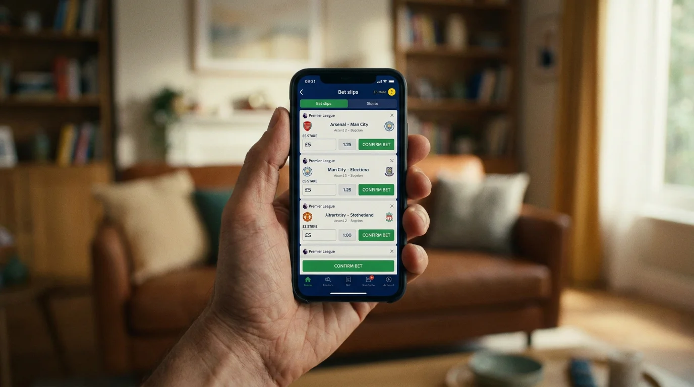 Football bettor placing a consistent stake on a mobile betting app