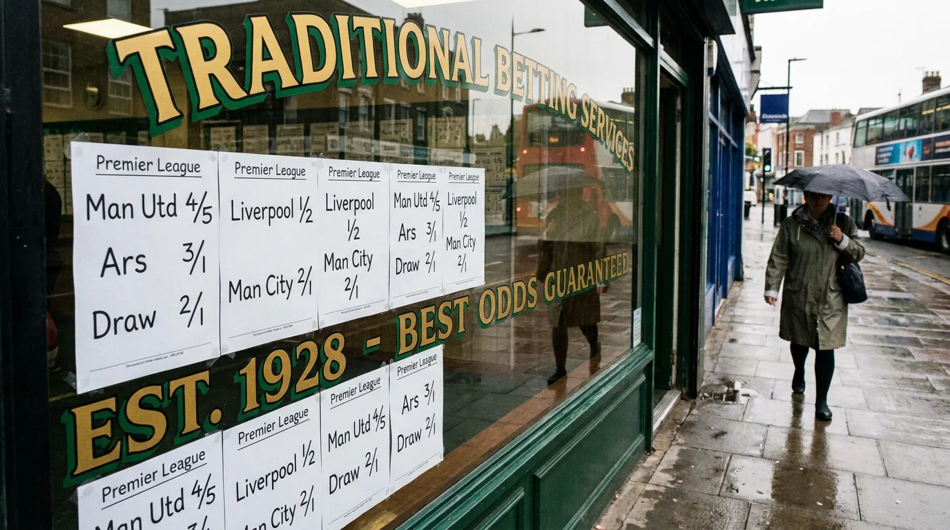 Close-up of a football betting odds board showing fractional and decimal prices at a UK bookmaker