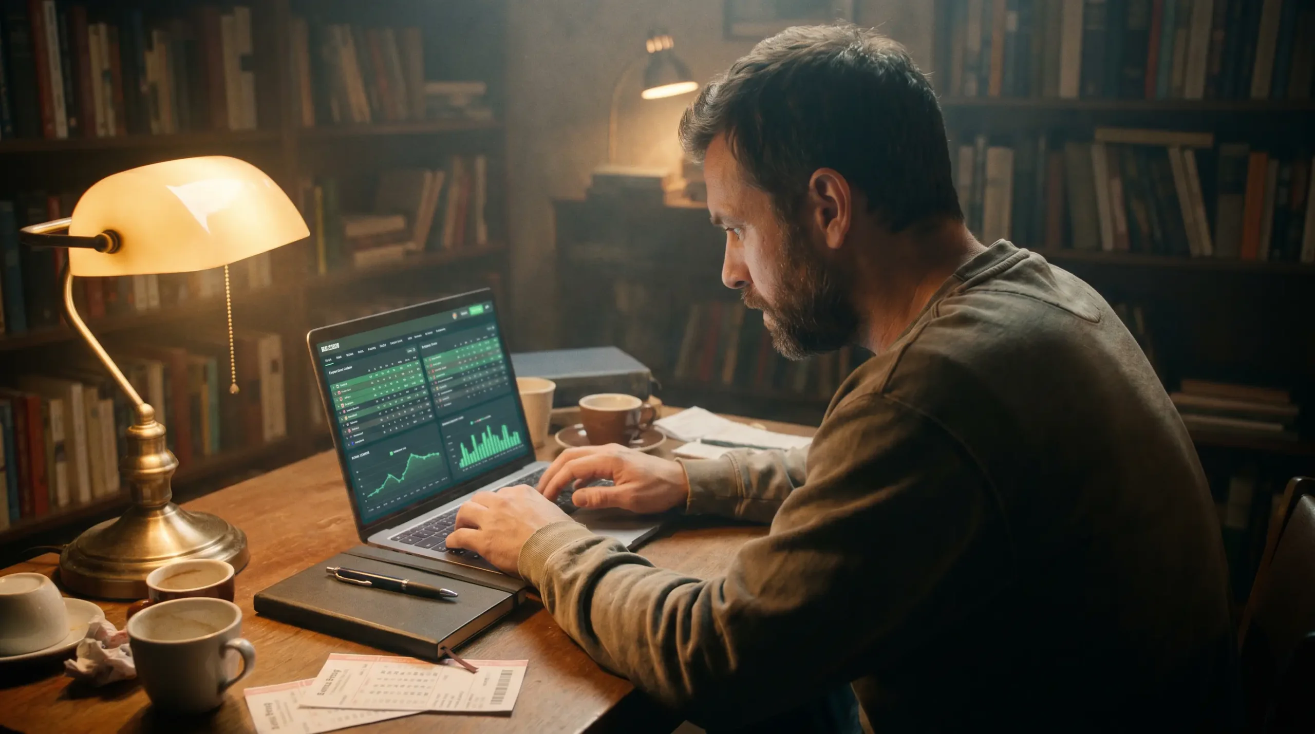 Focused bettor analysing football match statistics on a laptop screen in a dimly lit room