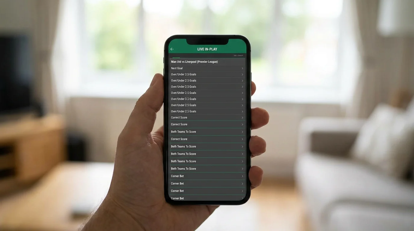 Mobile phone showing extensive in-play football market list with dozens of betting options