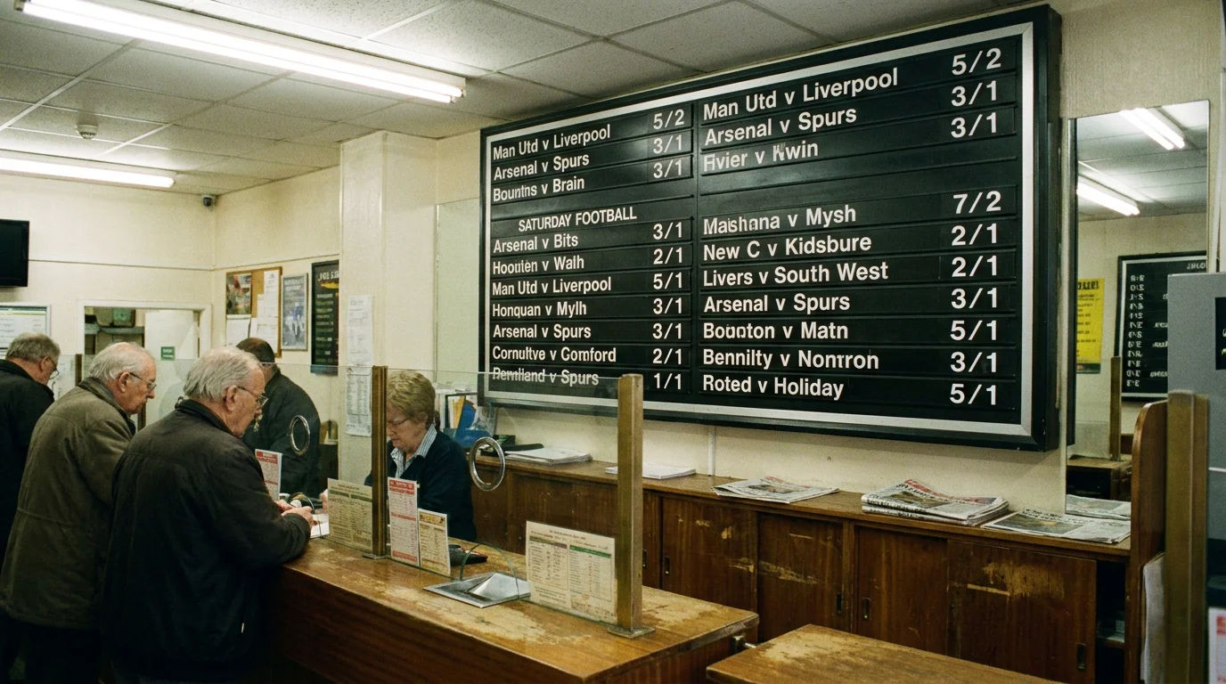 Traditional UK bookmaker shop window displaying fractional odds for upcoming football matches