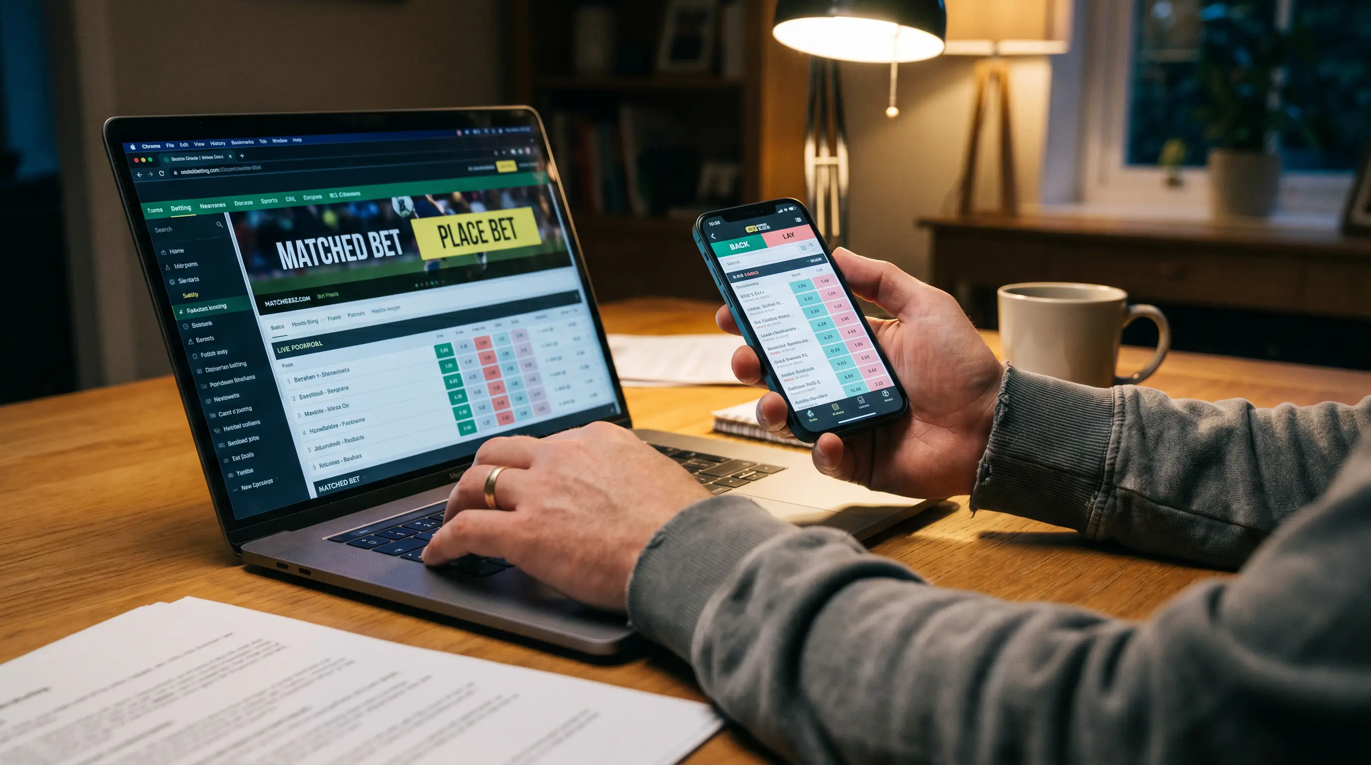 Person using two devices to place matched bets on a football fixture simultaneously
