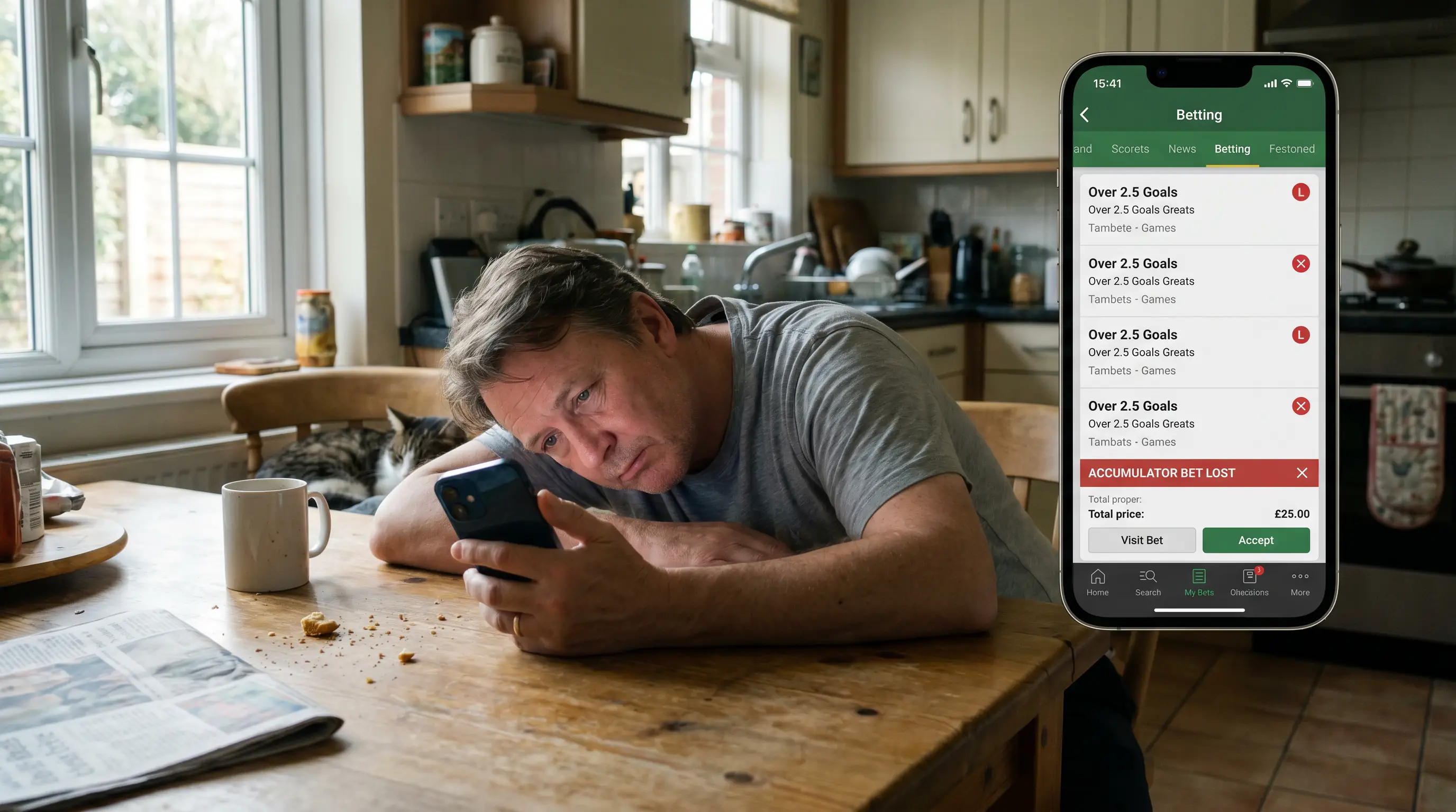 Person studying a losing accumulator bet slip with multiple over 2.5 goals selections