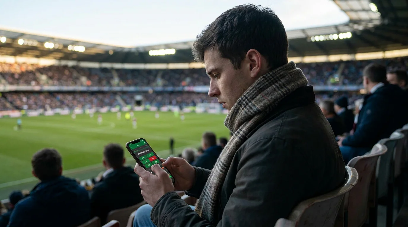 Football fan checking over/under odds on phone during a live Premier League match