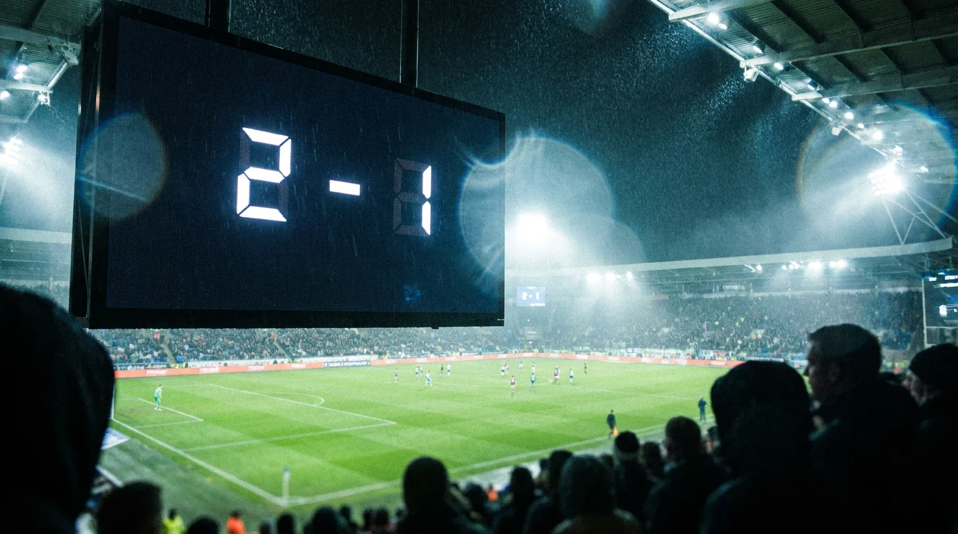 Football stadium scoreboard displaying match score during a Premier League game