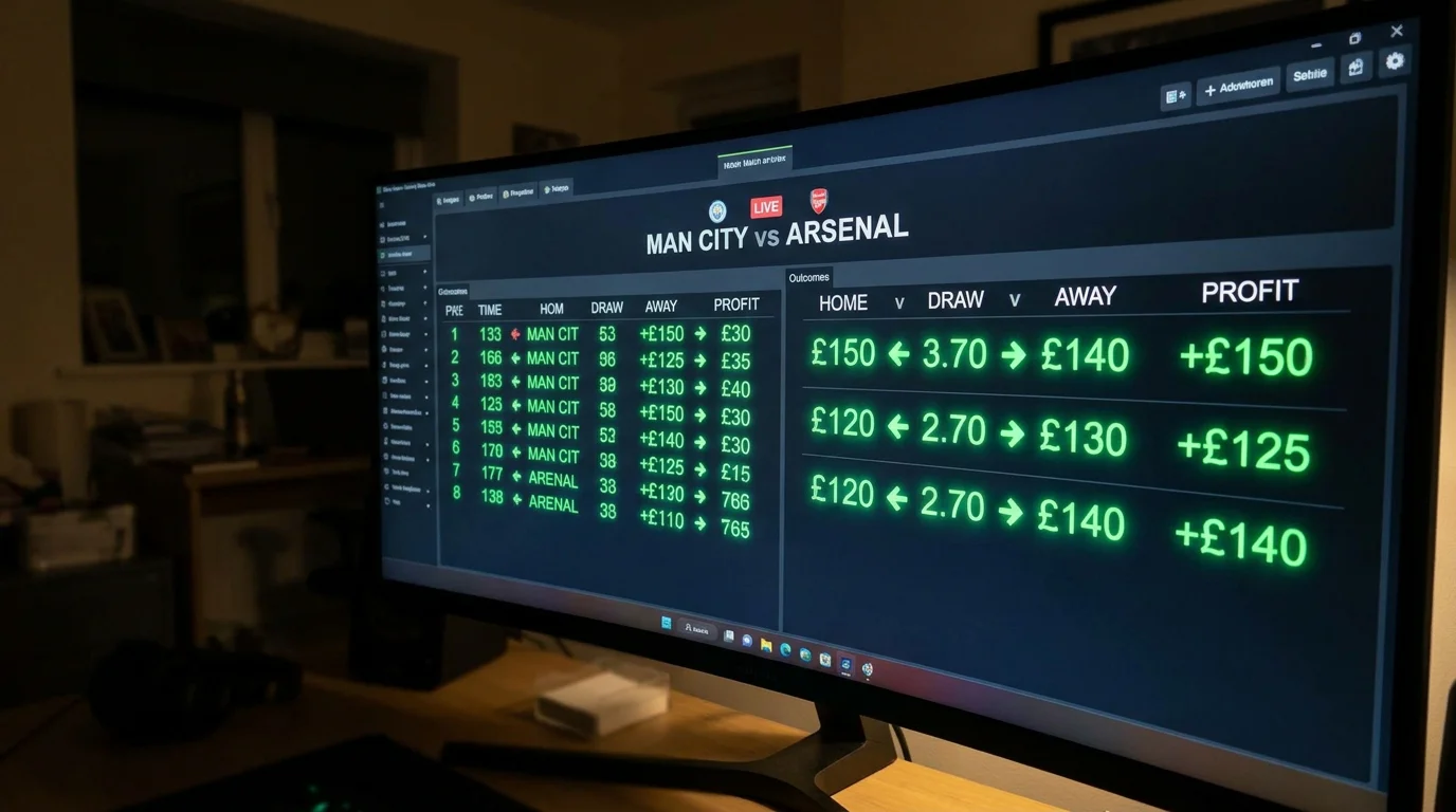 In-play football trade showing green book profit locked across all outcomes