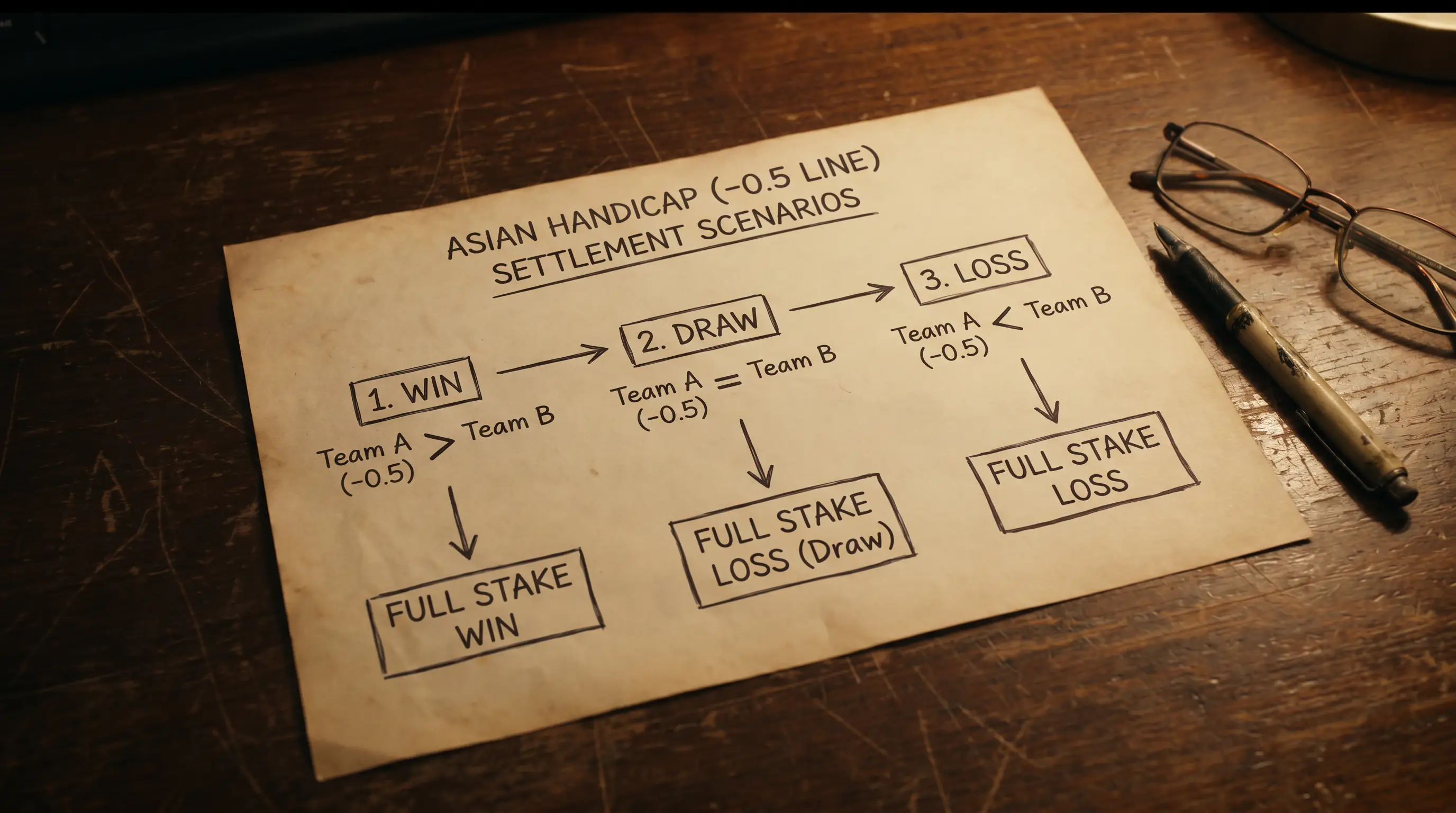 Asian handicap -0.5 line settlement scenarios for a football match