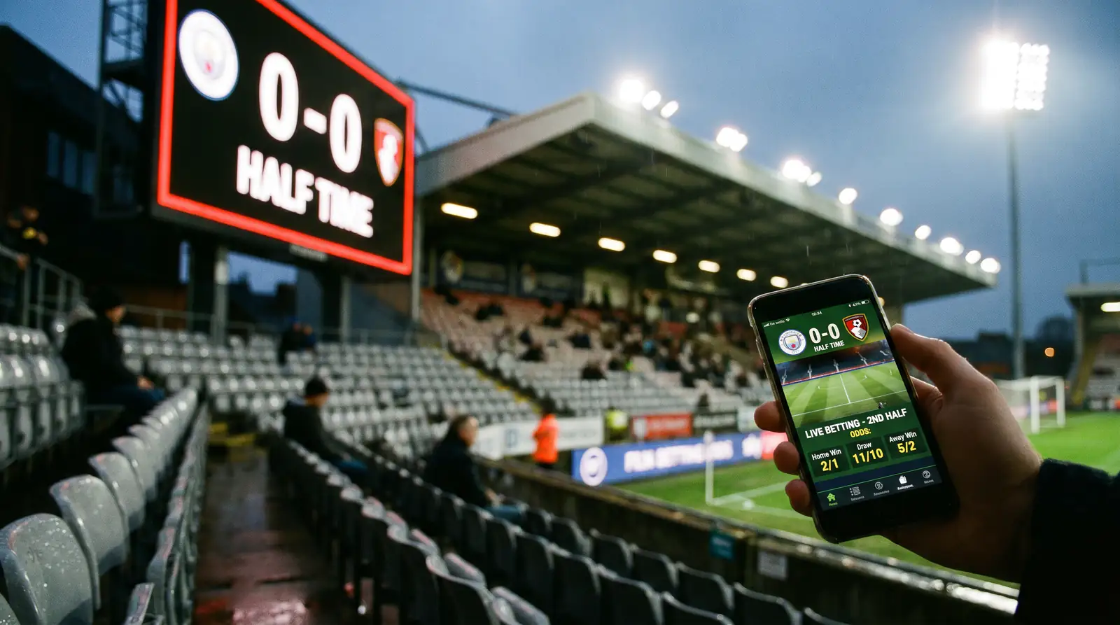 Stadium scoreboard showing 0-0 at half-time while a bettor checks second-half odds on a phone