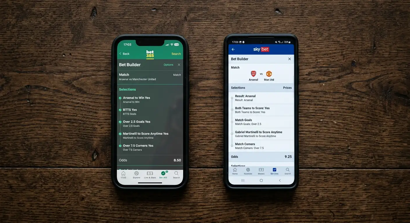 Two smartphone screens showing different bet builder prices for the same football fixture
