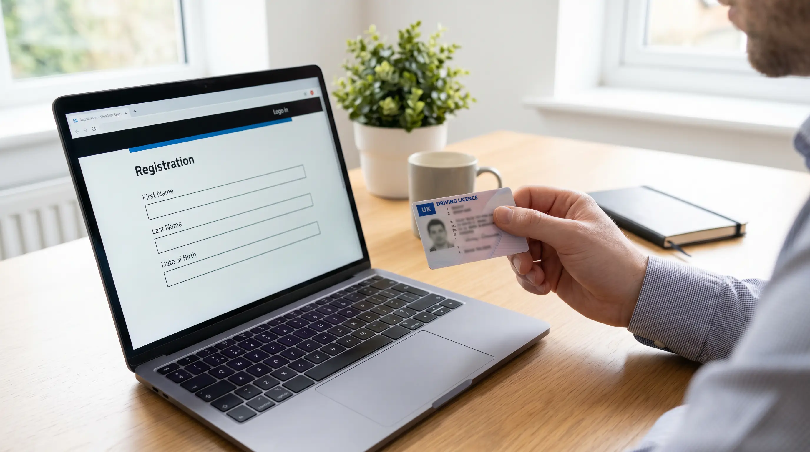 Person holding a driving licence next to a laptop showing an online betting registration form