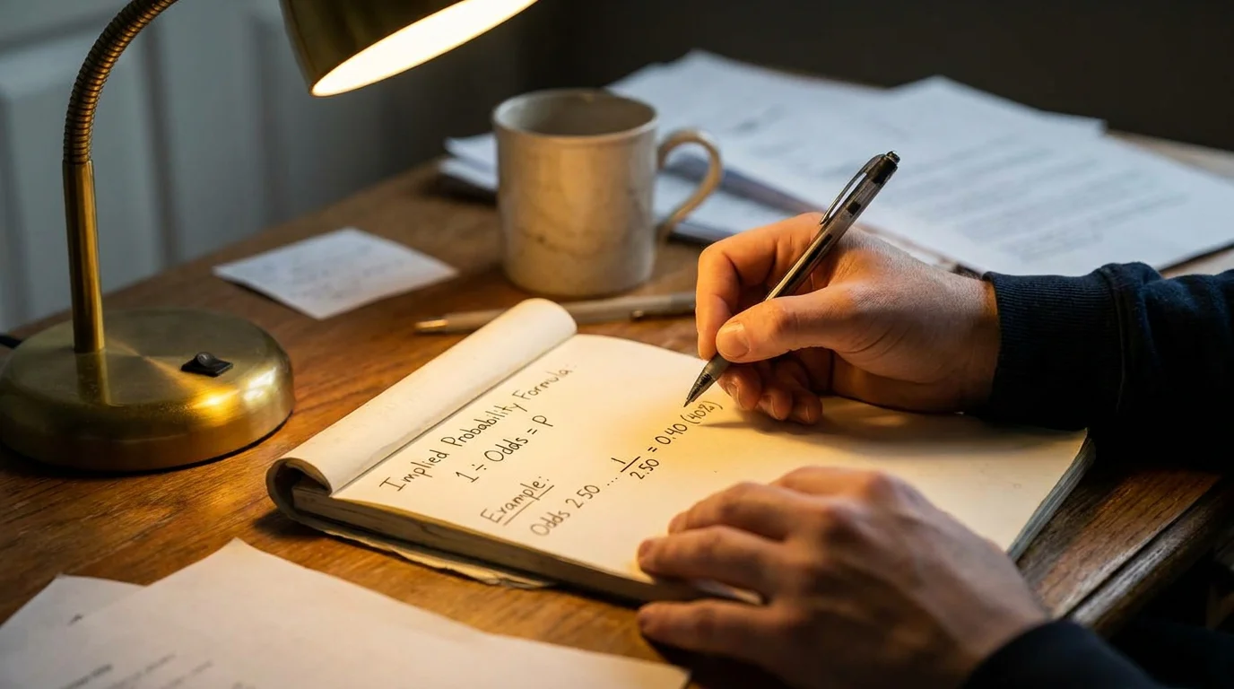 Bettor calculating implied probability from football odds using a pen and paper method