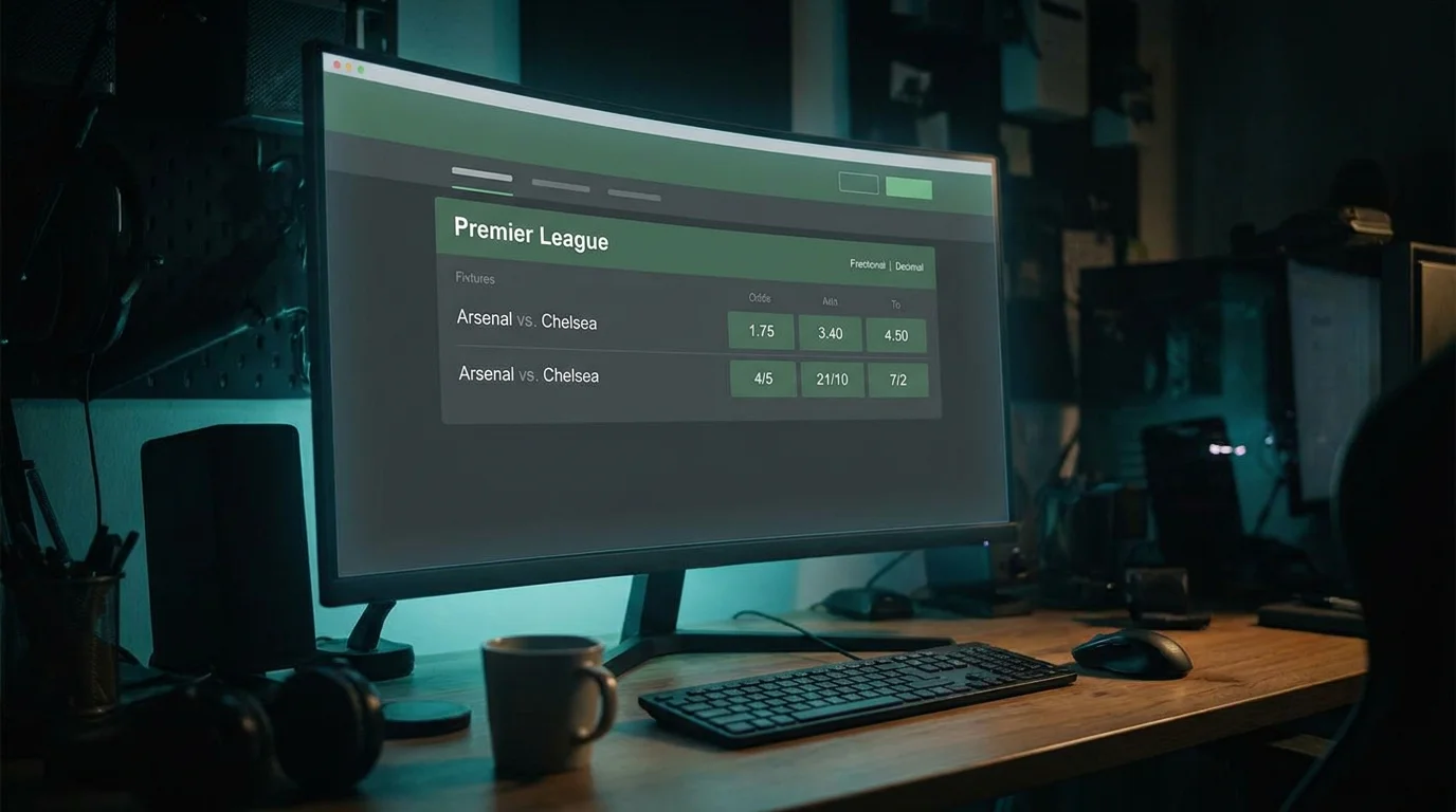 Bookmaker odds screen showing decimal and fractional prices for a Premier League fixture