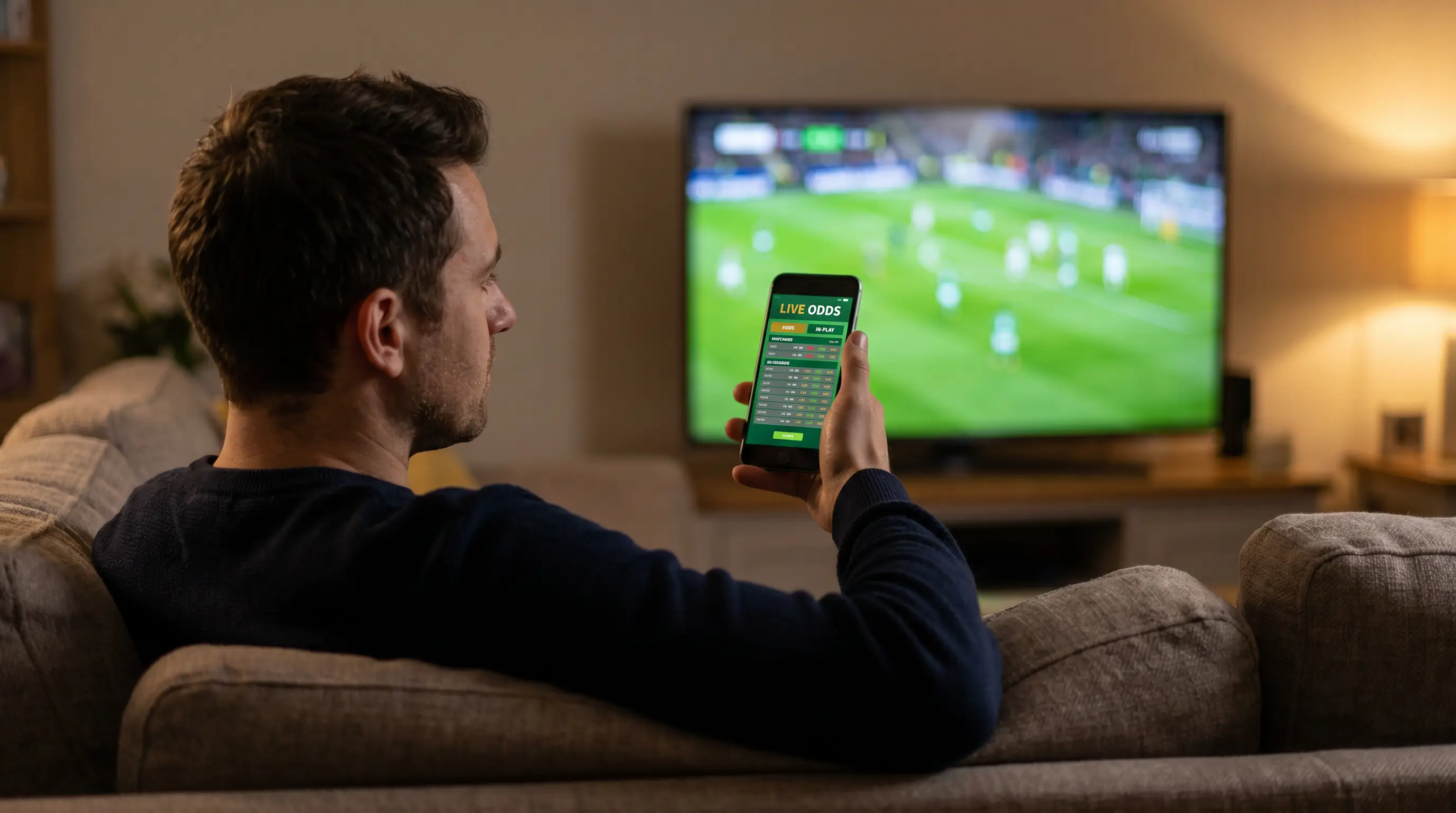 Fan watching a live football match while checking in-play betting odds on a smartphone